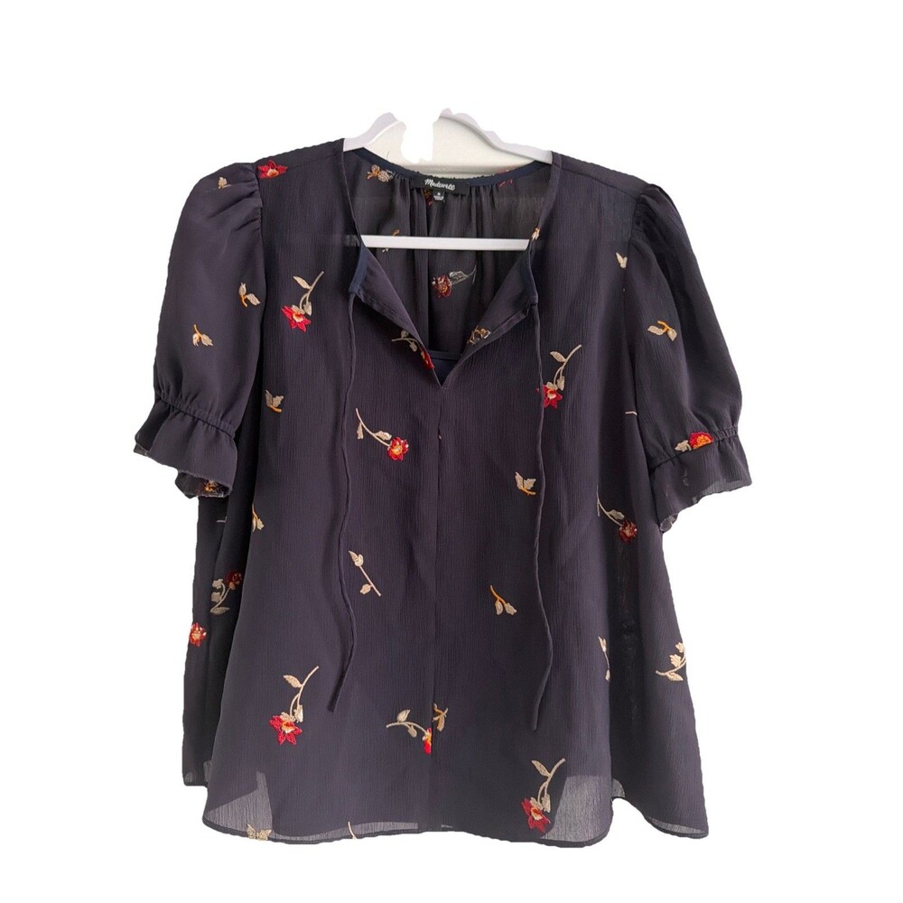Madewell Top Womens Medium Navy Blue Floral Embroidered Polyester Layered Tie